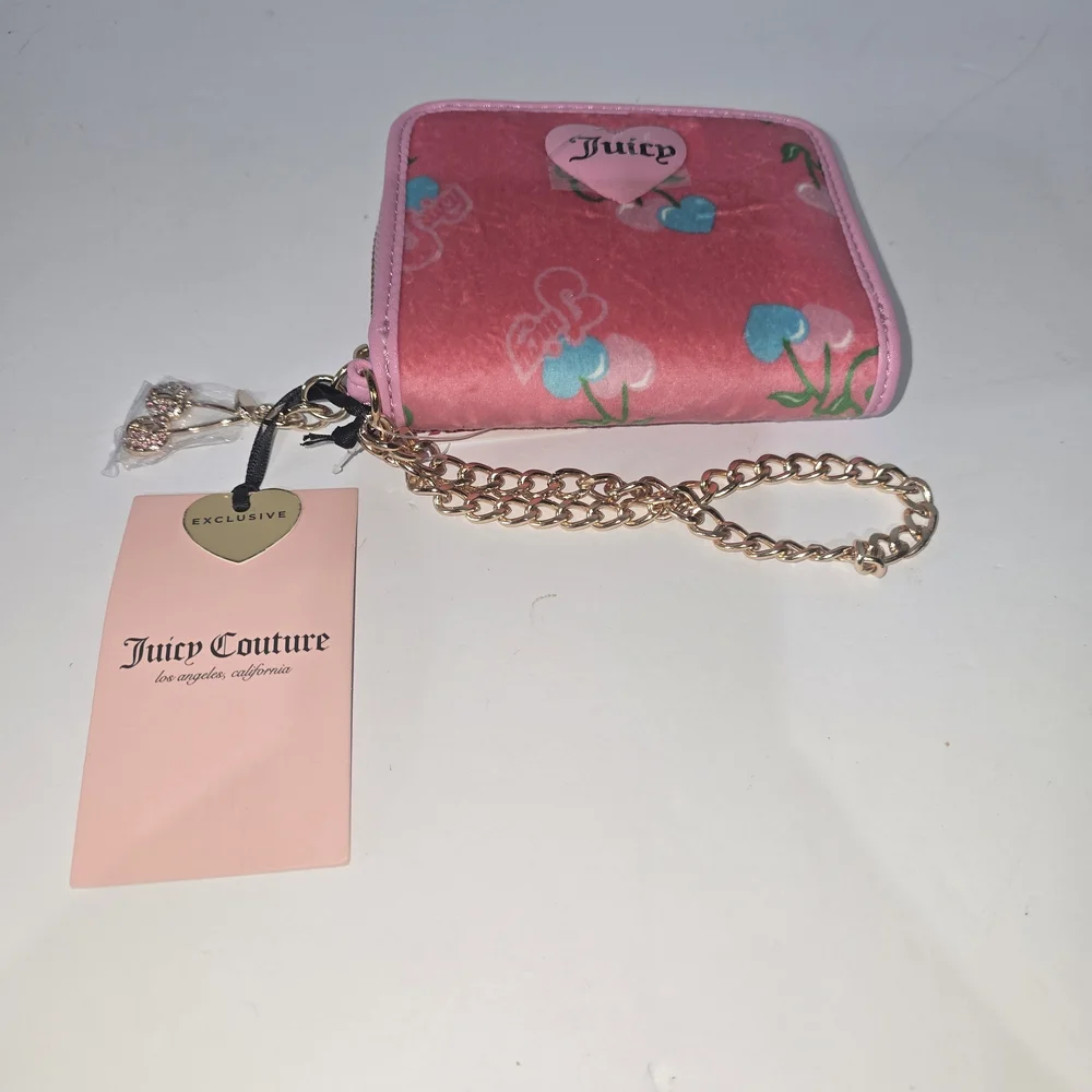 Juicy Couture Pink Floral Zip Wallet with Blue Flower Accents and Gold Chain